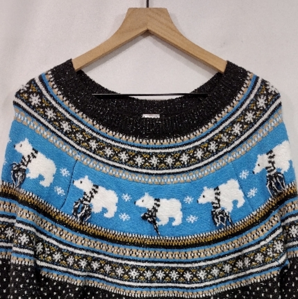 Holiday Time Polar Bear Sweater Womens L Black Blue Boho Retro Holiday Casual - Picture 2 of 8